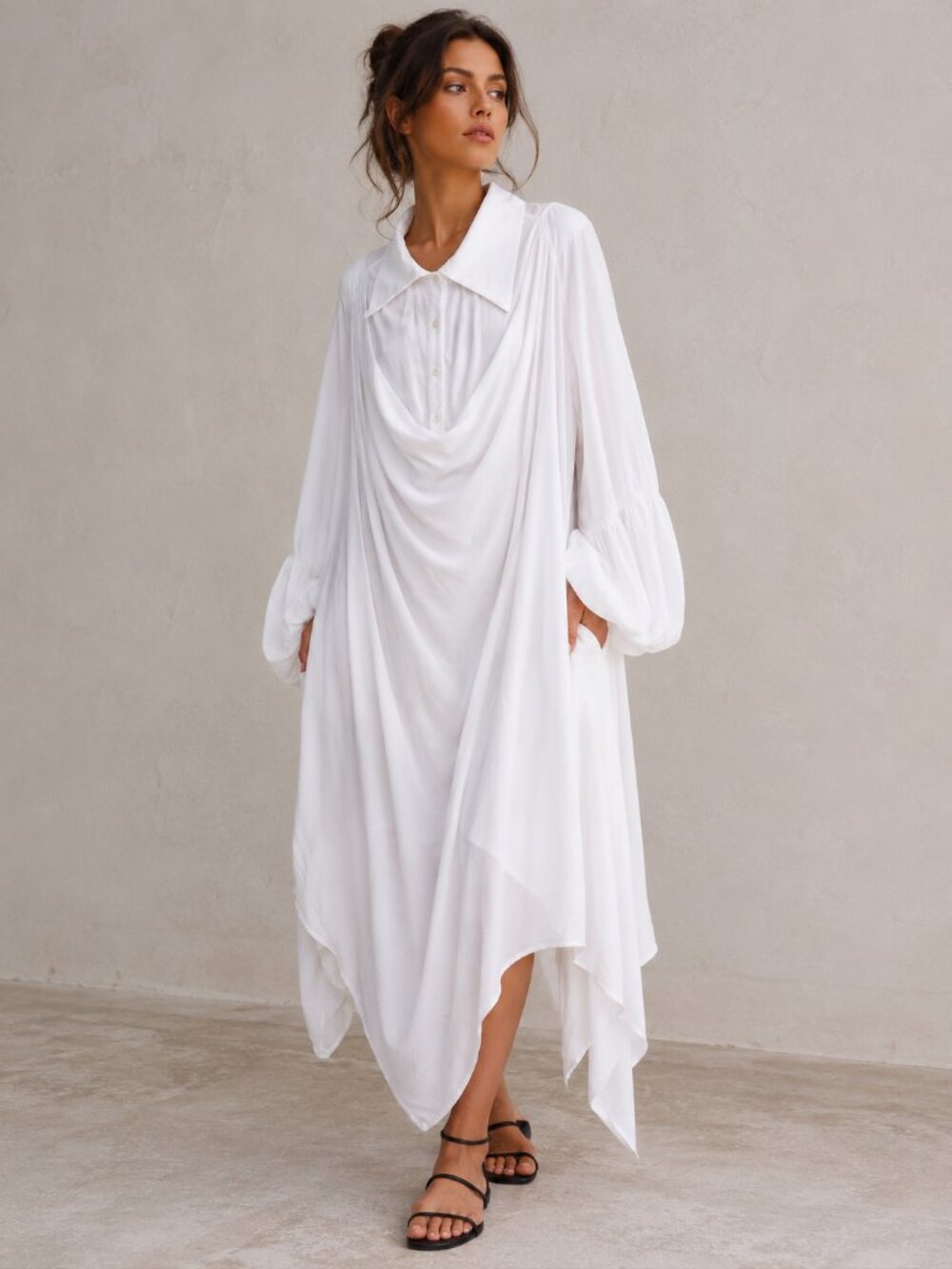Aakasha White Draped Asymmetrical Maxi Dress Sheer Boho Silk Blend